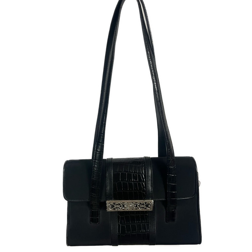 Brighton Women’s Black Leather Detail Shoulder Bag Front Clasp Silver Hardware